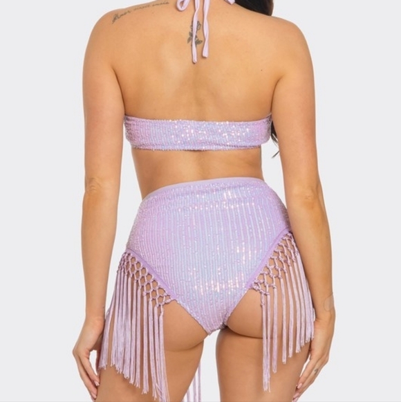 NEW Coachella Purple Sequin Fringe Festival Outfit, Sequined Festival Set - Picture 2 of 2
